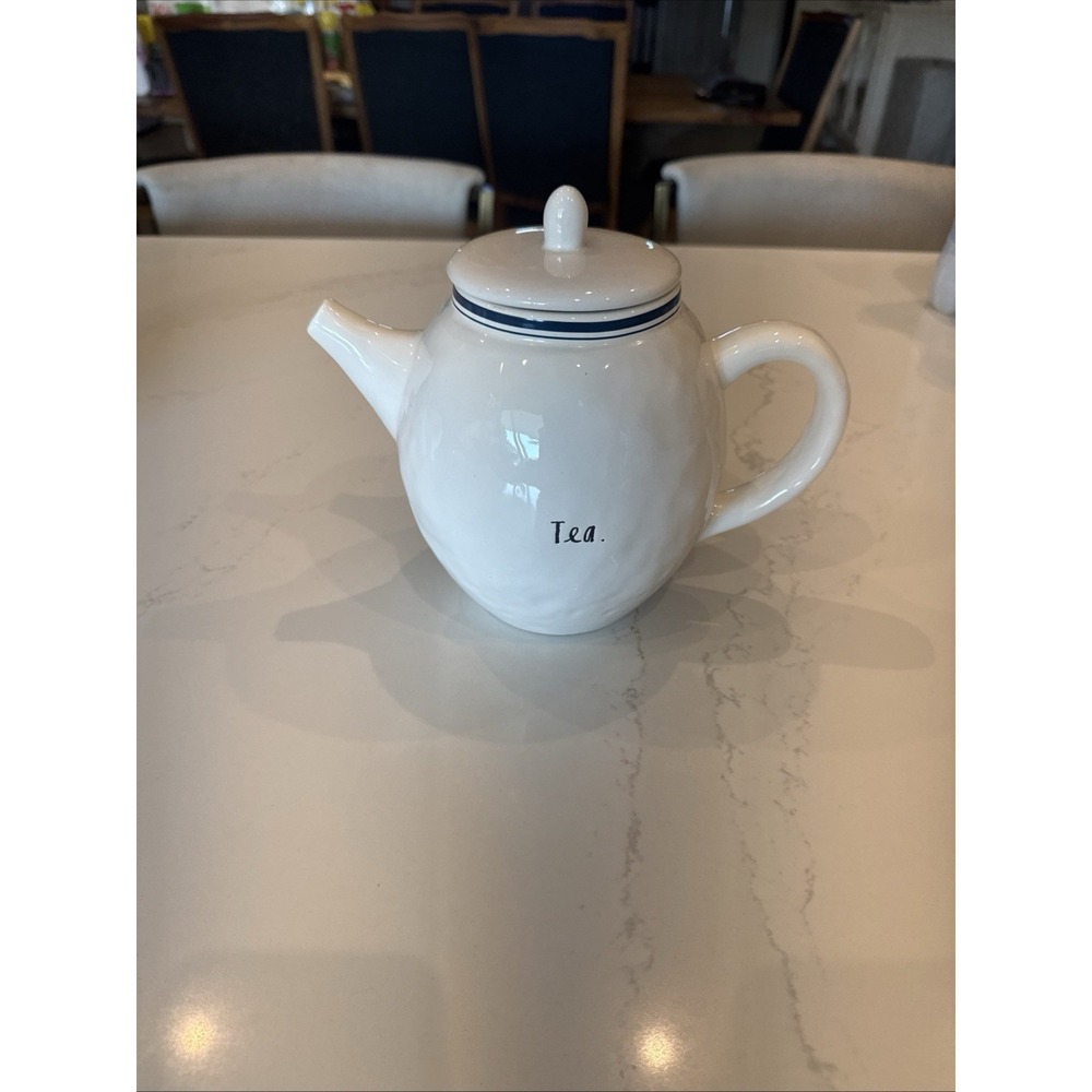 Rae Dunn Artisan Collection Tea Pot w/Lid Glossy White Navy Trim "Tea." in Black